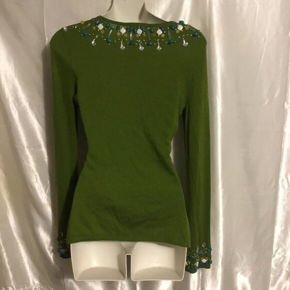Bebe Beaded Embellished Rhinestone V-neck Silk Cashmere Long Sleeve Shirt XS - Picture 2 of 10